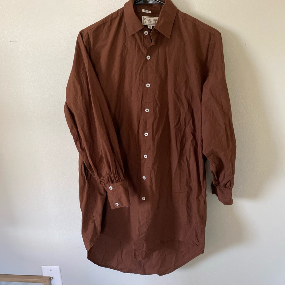 MILLE Resort & Travel Button Shirt Dress Midi Brown XS Long Sleeve Pockets